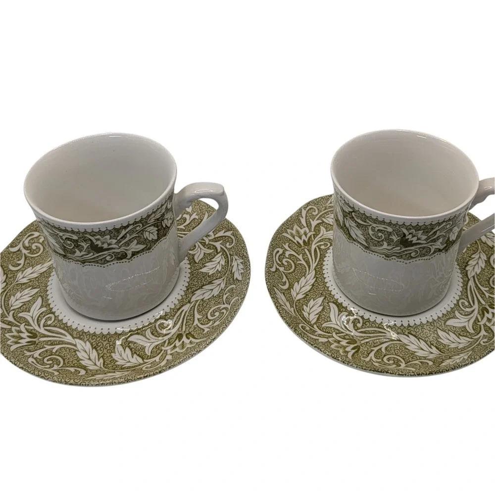 J G Meakin Teacups Saucers Renaissance‎ Green English Ironstone Set of Two SEE